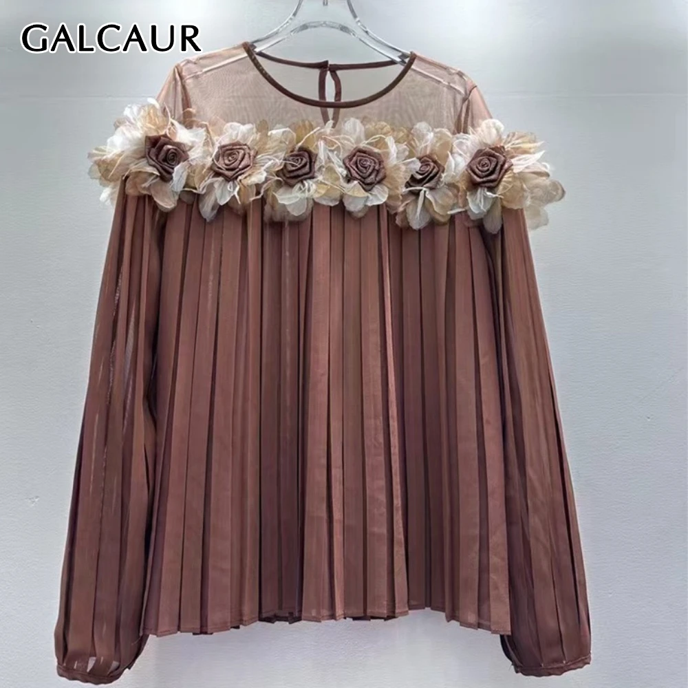 

GALCAUR однотонная шикарная рубашка с 3D цветочным принтом, женская свободная элегантная прозрачная рубашка с круглым вырезом и длинным рукавом, осенняя мода, новый стиль