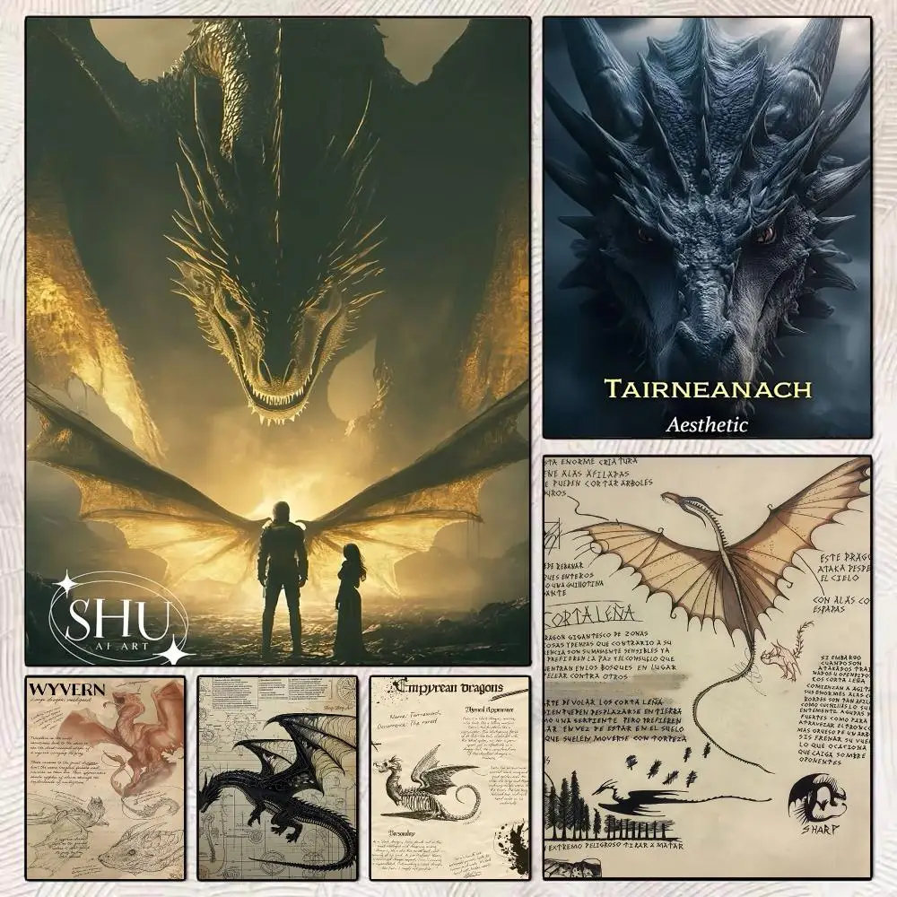 Fourth W-Wing Dragon Painting Calligraphy Stylish Wall Art Poster, Bedroom Living Room Home Decor Gift