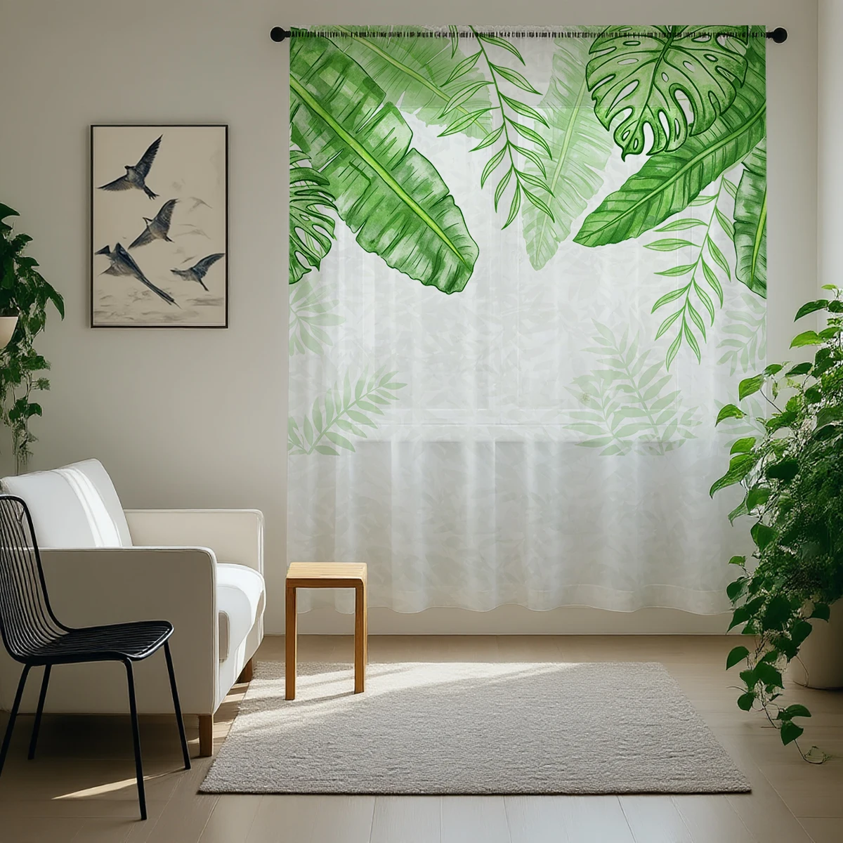 1 Piece Nordic INS Style Large Green Leaf Sheer Curtain - Translucent, Light Reducing, Privacy, Rod Pocket, for Living/Bedroom