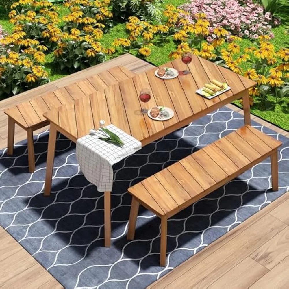 Outdoor Dining Set Picnic Beer Table for Patiofor 4-6 People，3 Pieces Patio Dining Set, Outdoor Acacia Wood Table and 2 Benches