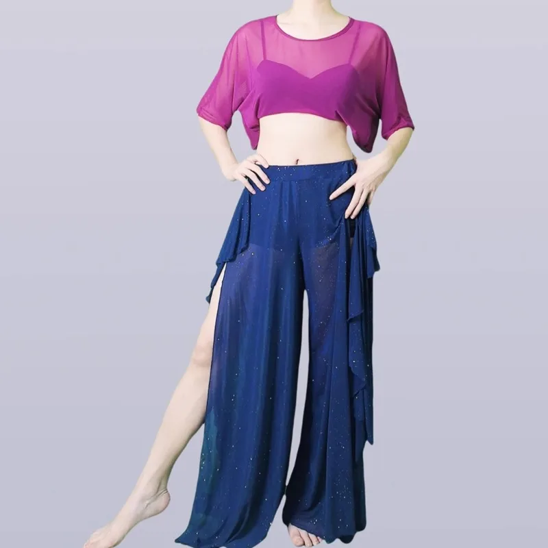 customized belly dance costumes practice outfit Oriental dance elegant mesh top lace wide leg pants set versatile