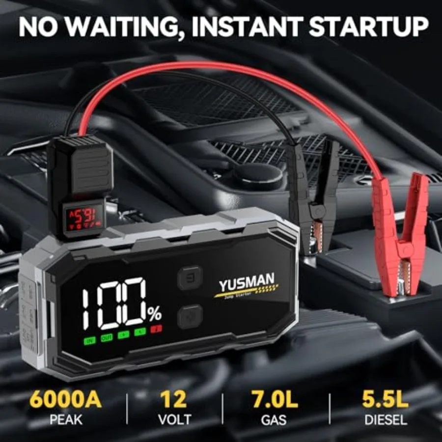 Portable 12V Car Jump Starter with 6000A Peak Current and 8.0 Gas/6.0L Diesel Compatibility Features Smart Extended Cables Quic
