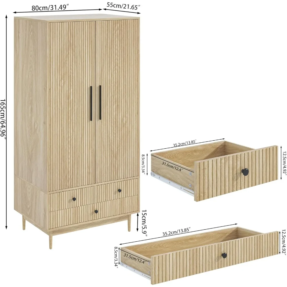 Wardrobe Closet Set of 2,Modern Wooden Clothes Storage Cabinet with 2 Fluted Doors,With Hanging Rod and Shelf Storage