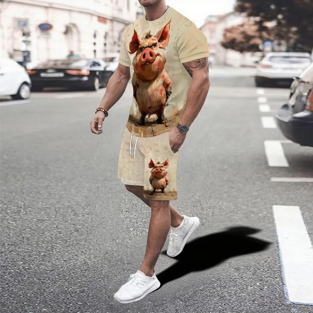 

Men's T-shirt Pants Sets Cartoon Funny Animal Print Summer Casual Short Sleeve Pullover T-shirts Outdoor Male Oversized Clothing
