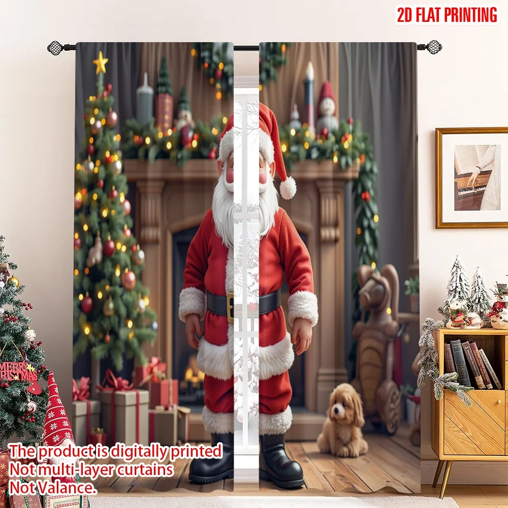 

2pcs 2D flat printing Christmas Curtain Santa Claus Christmas Stocking Fireplace 100% Polyester Without Electricity Birthday