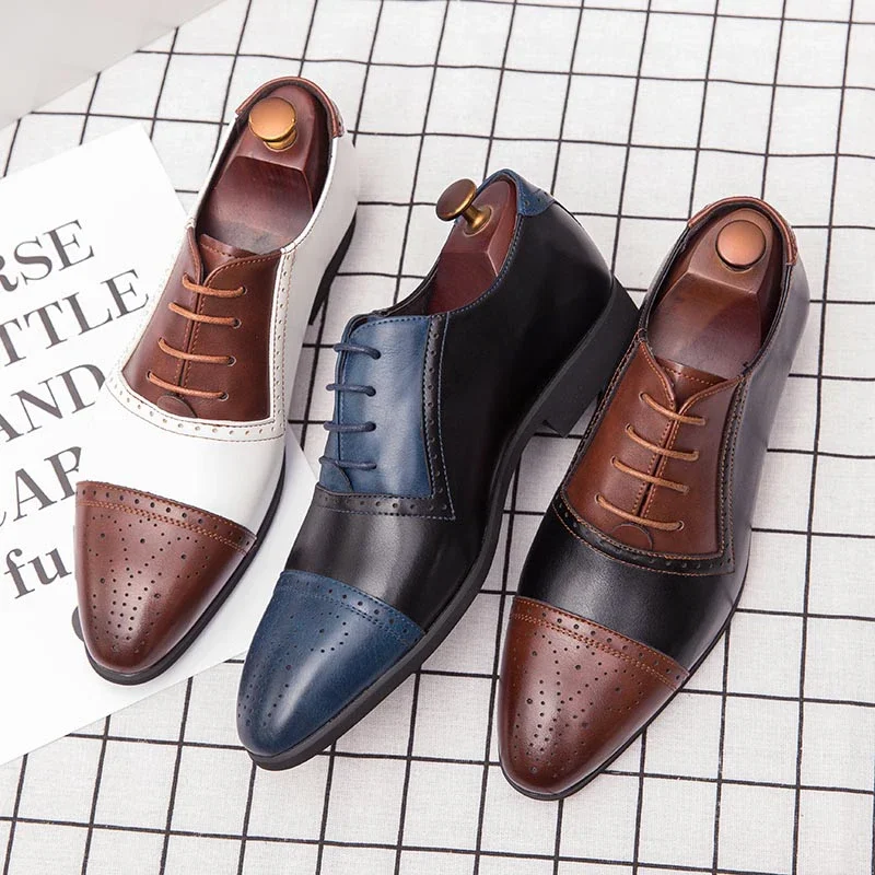 Brogue Shoes Men Shoes PU Color Matching Fashion Business Casual Personality Pointed Toe Hollow Lace-up Oxford Dress Shoes