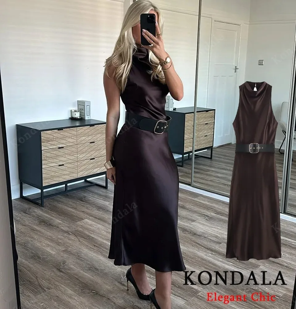 KONDALA otoño elegante vestido con cinturón de satén vestido largo por debajo de la rodilla marrón Vintage para mujer moda Primavera otoño vestido de calle alta
