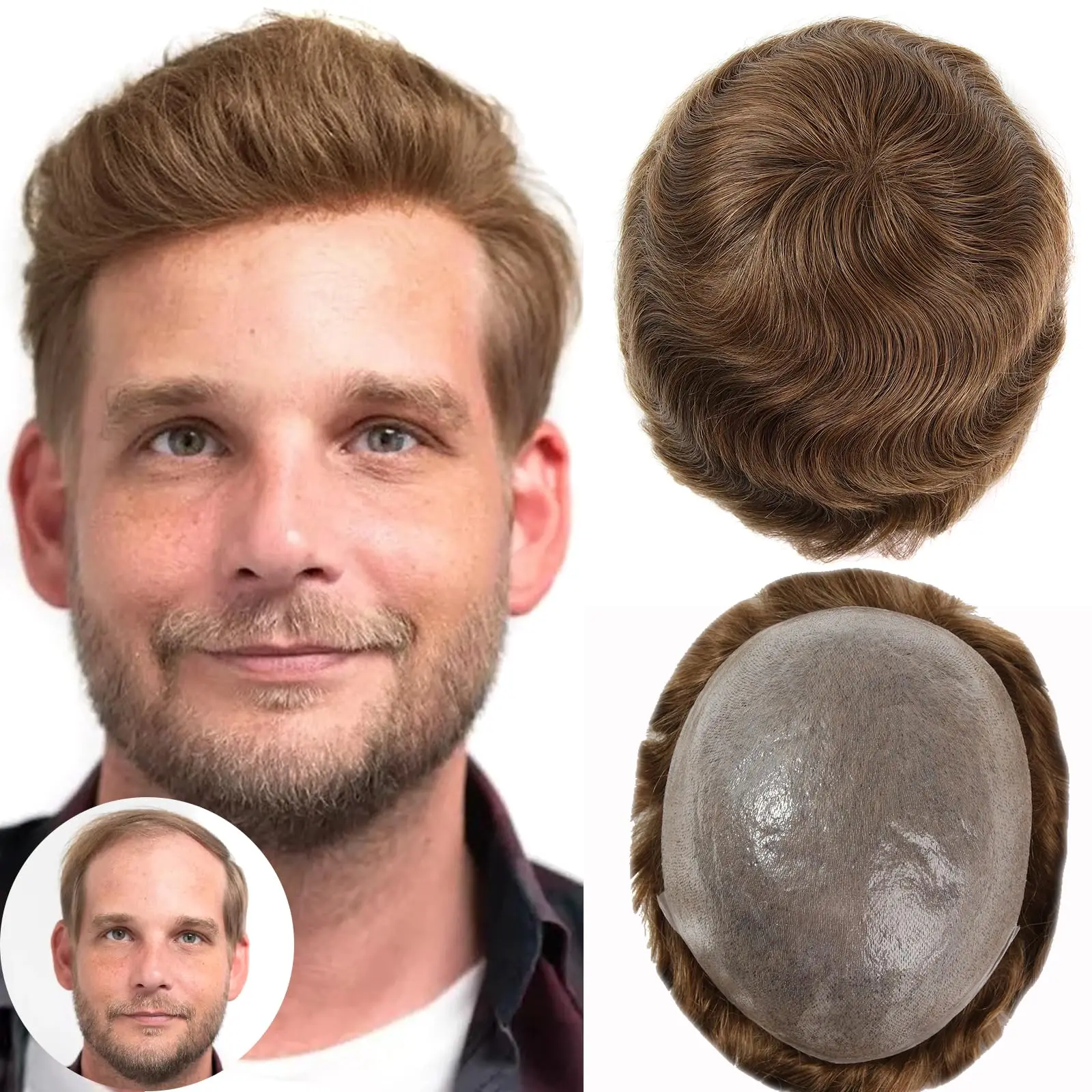 OCK Men's Ultra Thin Skin Toupee - Knotless Hand-Tied, 100% Human Hair Piece, 8"x10" Transparent PU Base