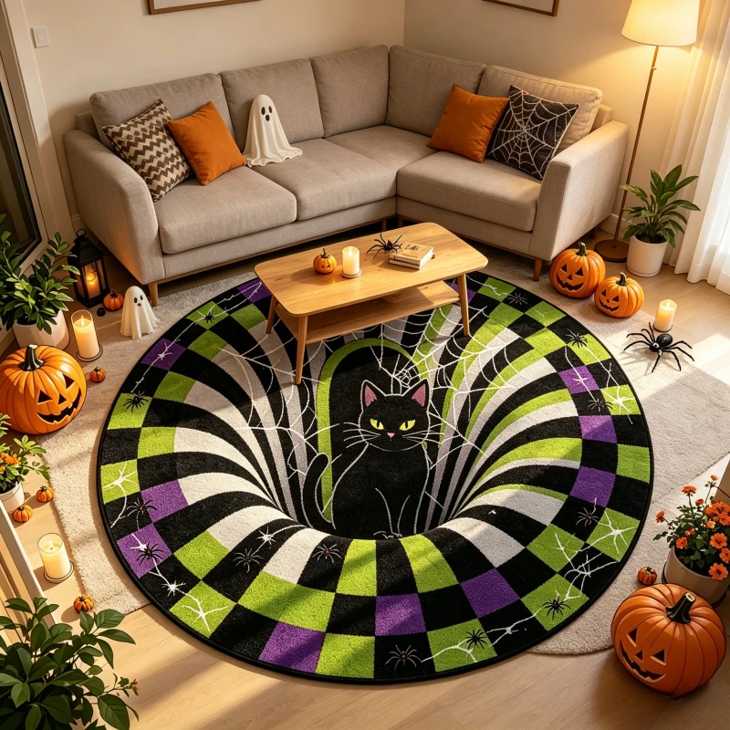 Creative 3D Illusionary Pit Print Carpet Trendy Holiday Mysterious Cat Artwork Rug Premium Apartment Lounge Ground Lining