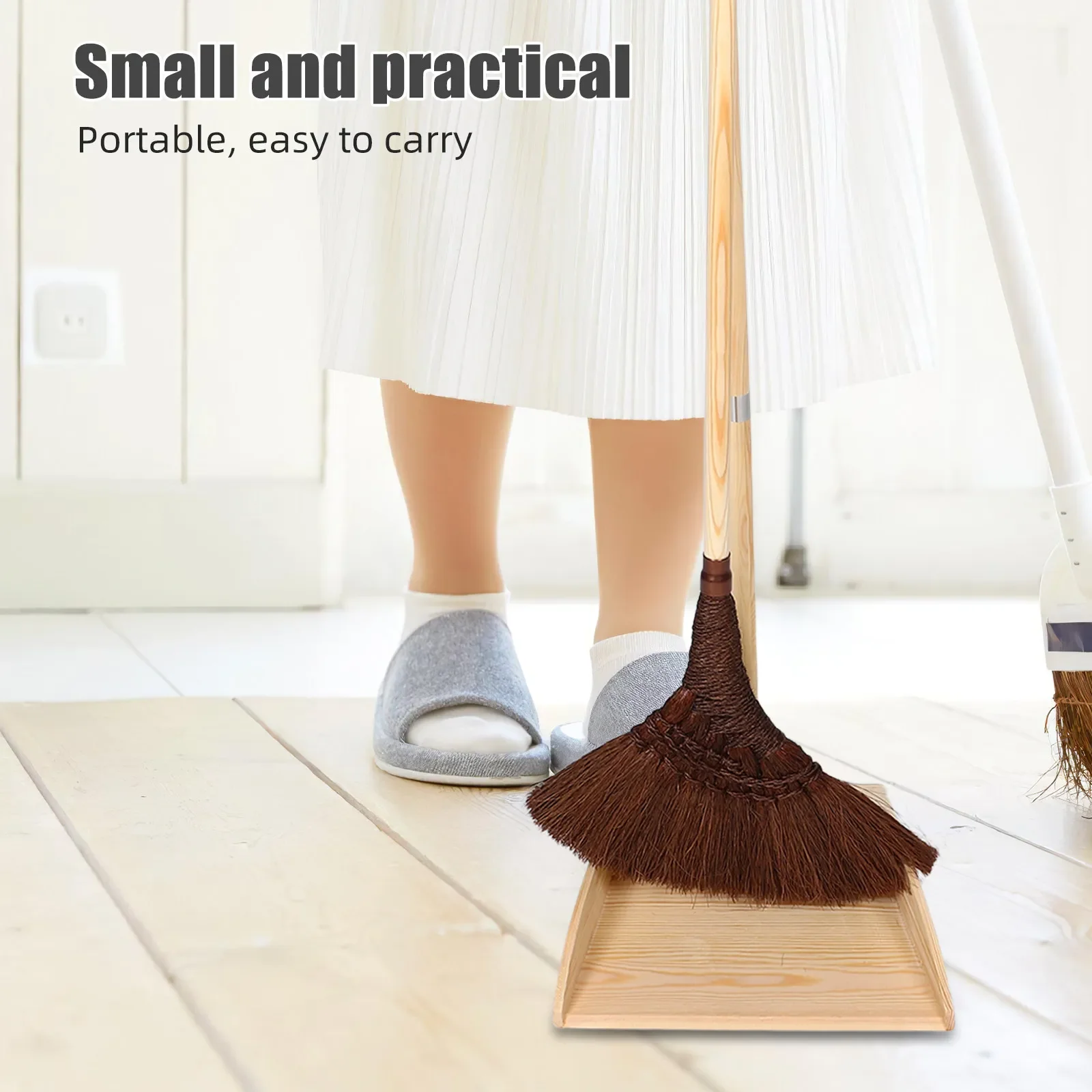 1Set Broom and Dustpan Set Handmade Japanese Style Long Handle Wooden Dustpan Scratchfree Cleaning for Kitchen Garage Patio