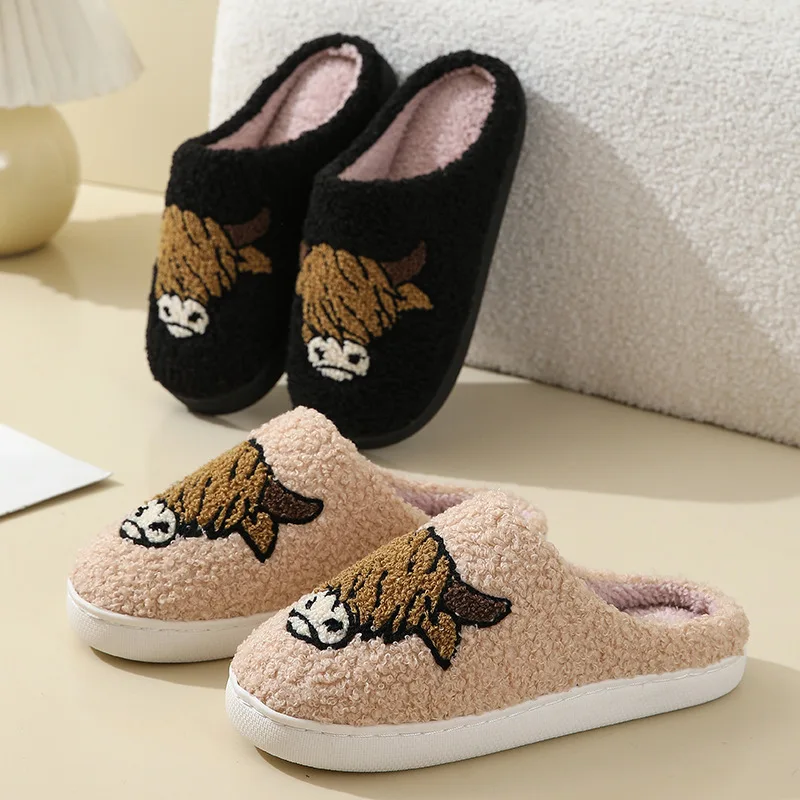 Winter Women\'s Slippers Cute and Interesting Cartoon Cow Pattern Indoor Warm Comfort Home Bedroom Soft Causal  Plush Shoes