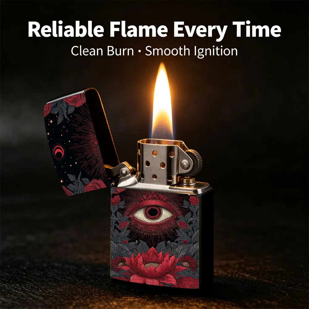 Pocket Lighter, Flip Top Windproof Design, Metal Case, Red & Black Floral Eye Art Print, Comfortable Grip, Adjustable Flame, Portable & Durable