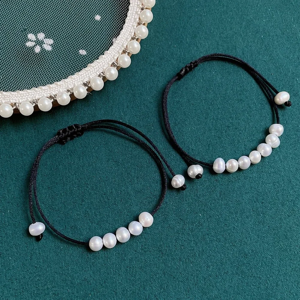 Simple Fashion Real Natural Freshwater Pearl Bracelets for Women Black Rope Chain Baroque Pearl Charm Friendship Bracelet Boho