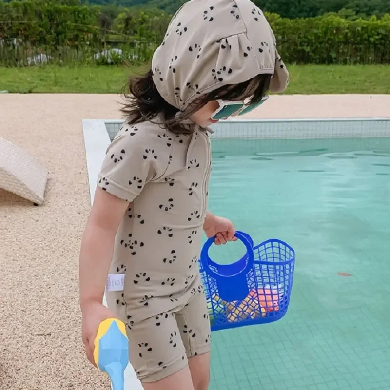 

Baby Boy Girl Swim Suit Jumpsuit+Cap 2PCS Infant Toddler Child Swimwear Panda Print Bathing Suit Kid Swimming Clothing 1-7Y