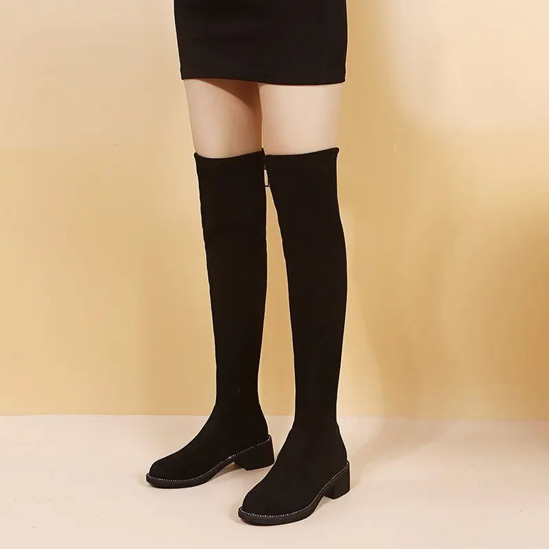 

Women's 2025 Over The Knee High Boots Chunky Heel Slimming Warm Winter Fleece Lined Zipper Plush Leather Stretchy Boots Black