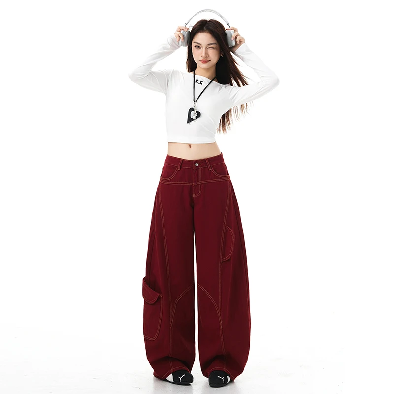 

American retro unisex street hip-hop cargo pants for women, high street design, multi-pocket straight wide-leg casual pants