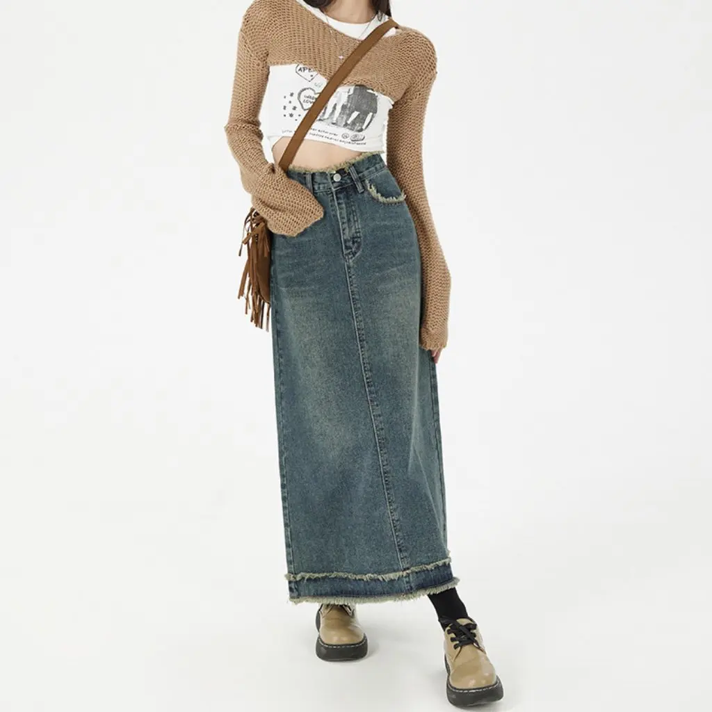 

Retro Distressed High Waist Frayed Denim Long Skirt for Women Fashionable Sheath Style Korean New Autumn Winter