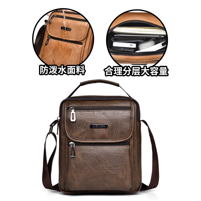 Bolsa de Ombro de Couro PU para Homens, Bolsa de Grande Capacidade, Bolsas Crossbody, Zíper Empresarial, Bolsa Mensageiro Multifuncional, Marca