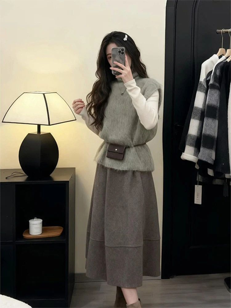 Warm Furry Knitted High Collar Women's Vest 2025 Autumn Winter New Style Commute Style round Neck No Button Pure Color
