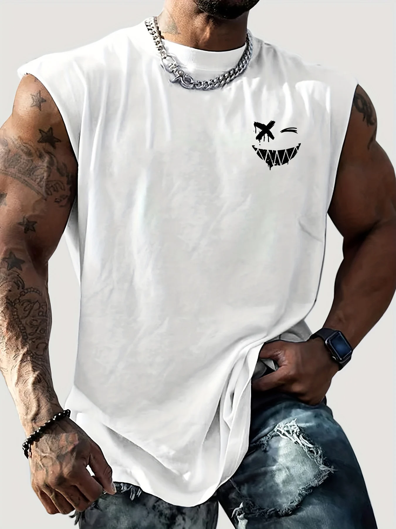 Men's summer casual sports loose fit smiley face print comfortable and breathable round neck sleeveless vest