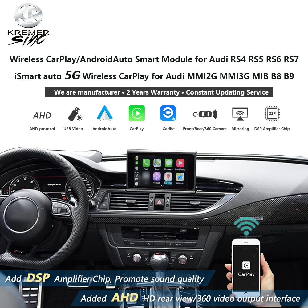 

Wireless Apple CarPlay AndroidAuto Retrofit for Audi RS4 RS5 RS6 RS7 MMI2G MMI3G MIB B8 B9