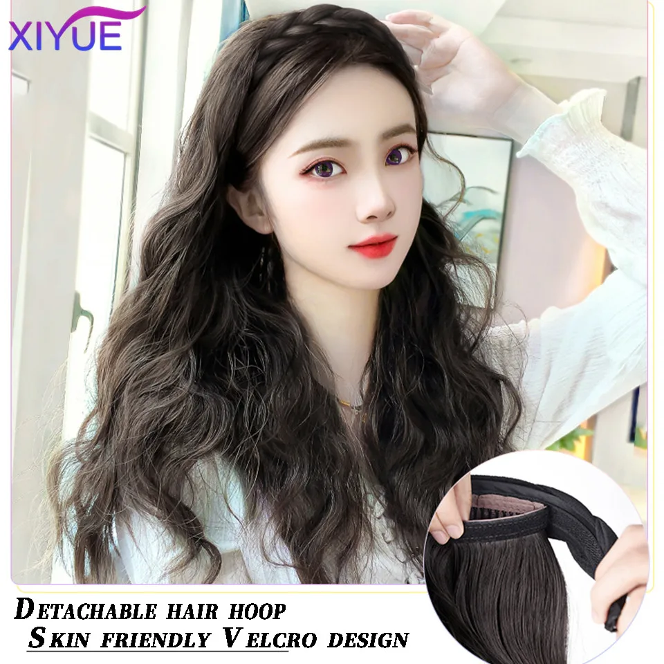 XIYUE Wig Women's Long Hair Braided Hair Hoop Wig One Piece Water Wave Pattern Half Head Cover Fish Bone Braided Wig Piece