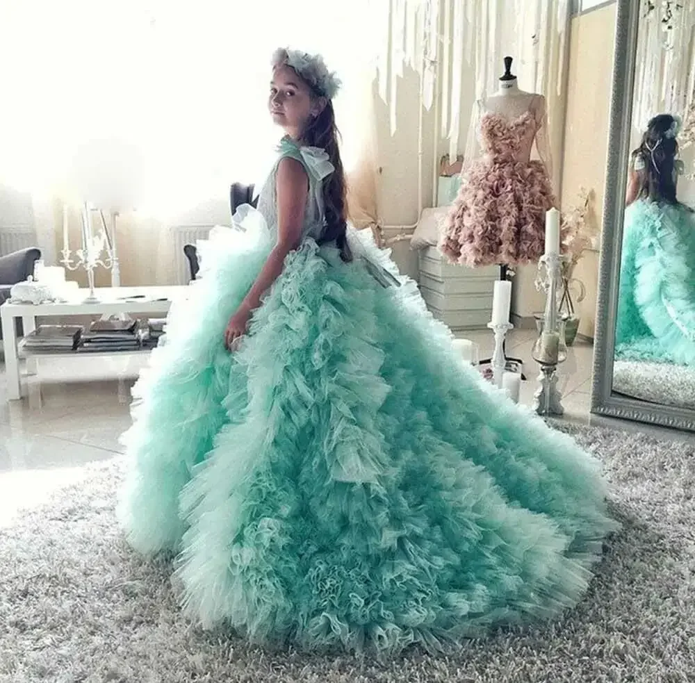 Luxury Crystals Beading Girls Pageant Gown Puffy Organza Kids Clothes Party Prom Dress Flower Girl Dress