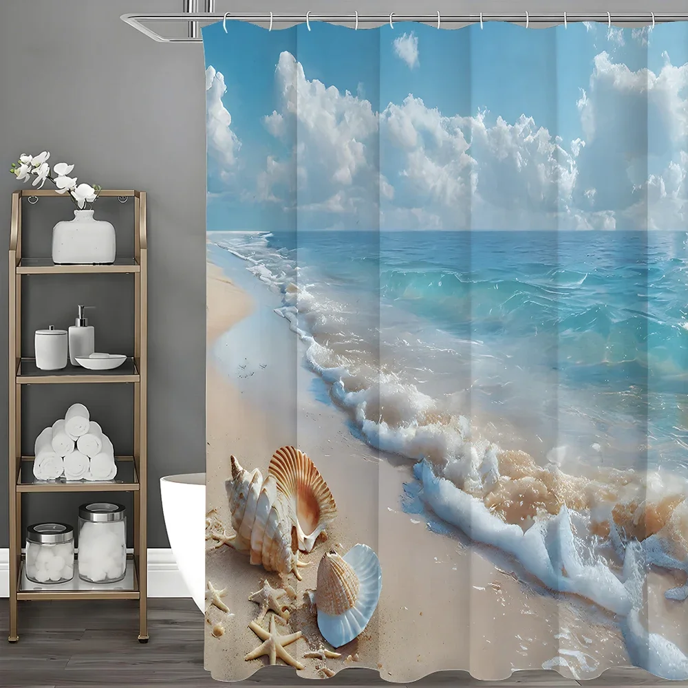 Ocean Shell Beach Shower Curtain, Bathroom Decorative Shower Curtain, Waterproof Shower Curtain with Hooks