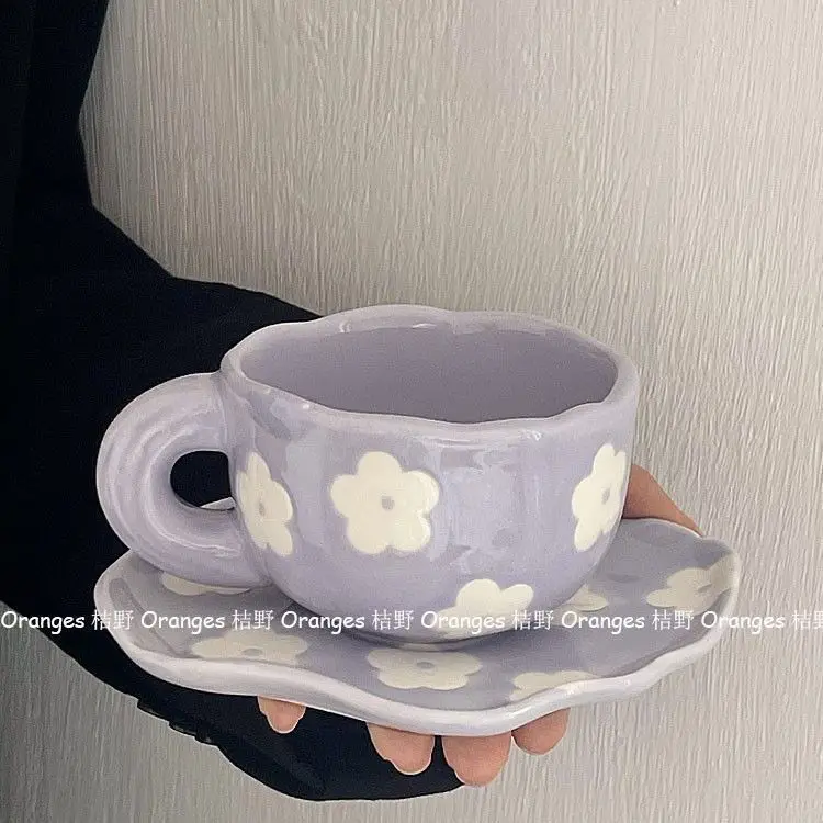 

Mug Niche Light Luxury Hand-painted Purple Flowers Coffee Mug Plate Tea Belt Ceramic Mug High Appearance Level
