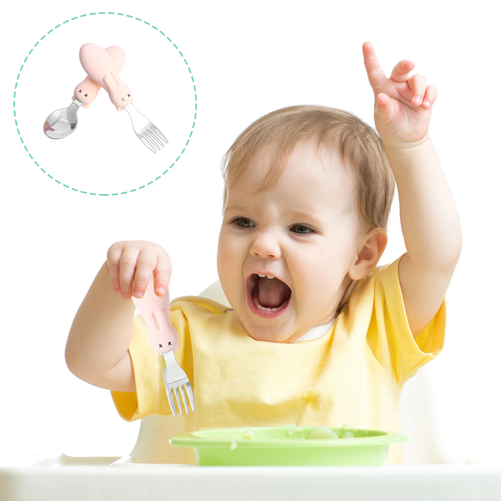 

1Set Feeding Spoon Fork Set Baby Utensils Short Handle Cartoon Rabbit Tableware Feeding Training Baby Utensils