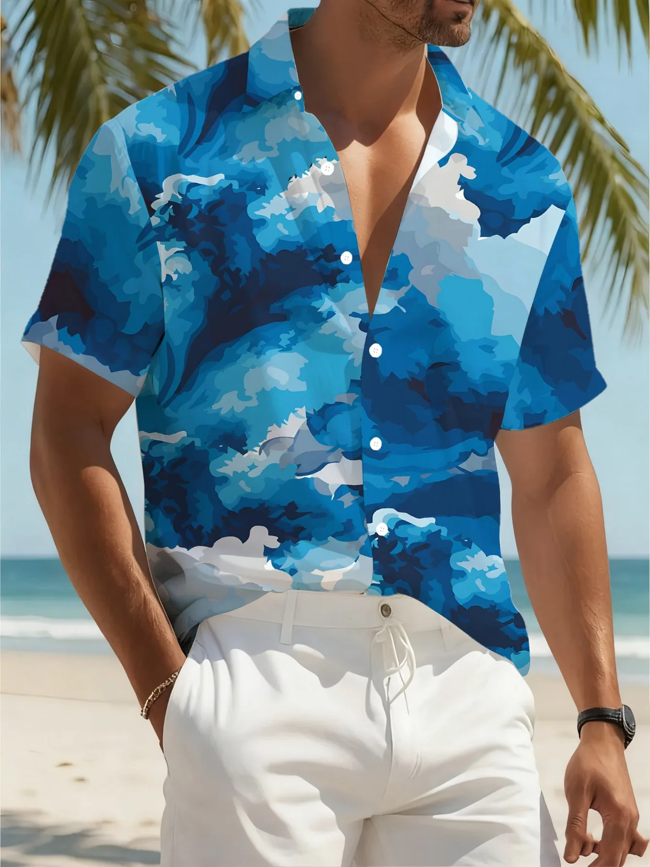 Men's Shirt Blue Ocean Wave Scenery Print Short Sleeve Lapel Button Shirts Summer Beach Vacation Casual Tops Men Clothing