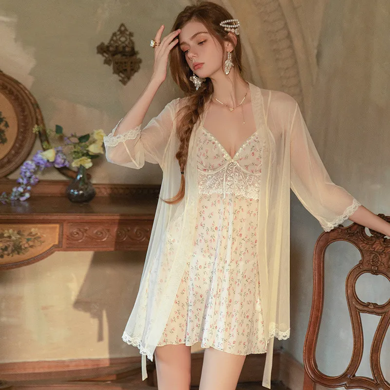 

Female Print Floral Mesh Nighty Robe Set Nightgown Retro Sleepwear Home Dress Sexy Hollow Out Lace Bathrobe Nightdress Negligee