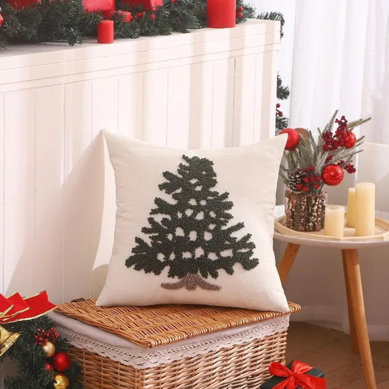 Green Tufted Christmas Tree Tassels Hand Woven Throw Pillow Cover Home Bedroom Living Room Sofa Decor Cushion Cover 18x18 Inch