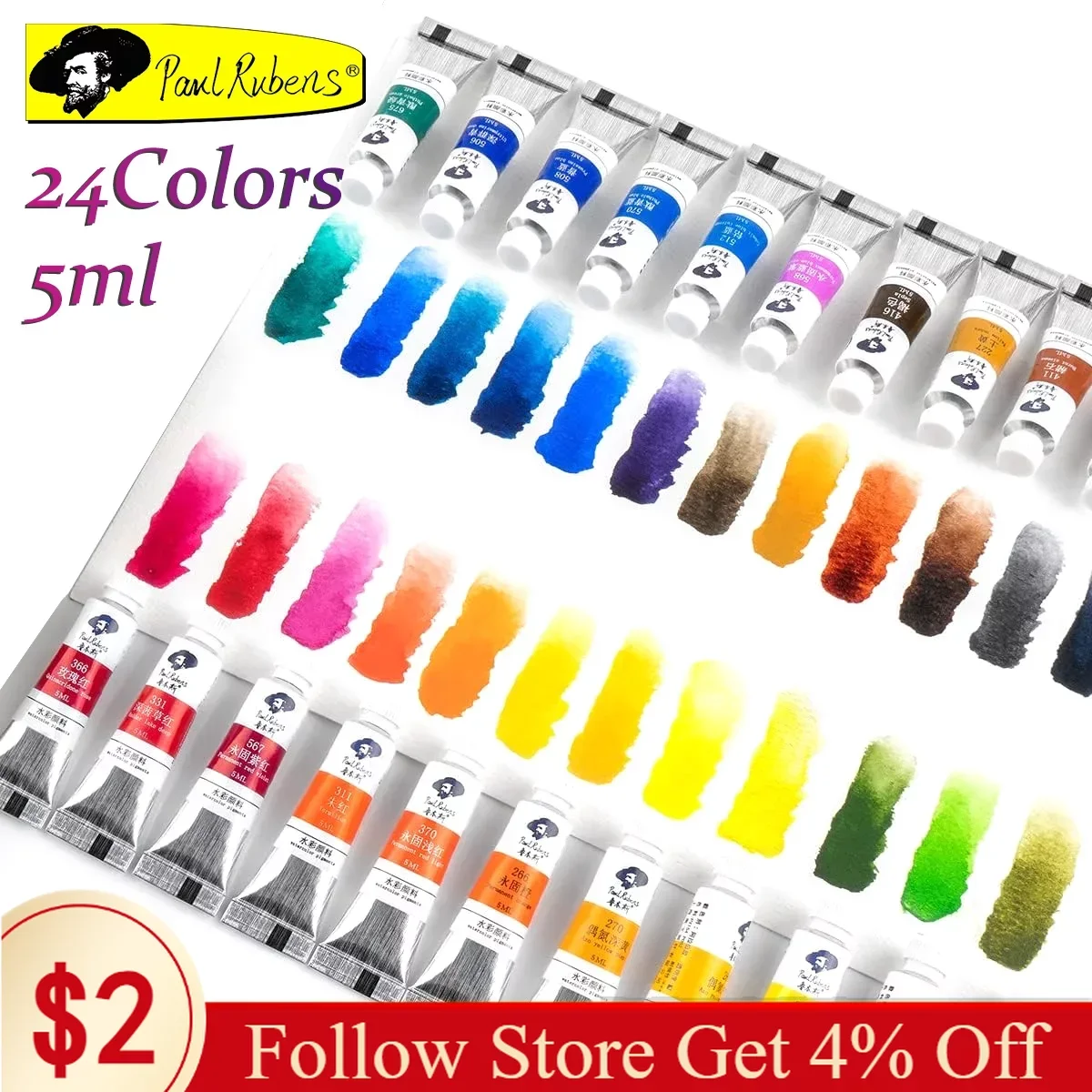 

Paul Rubens 24 Colors 5ml Watercolor Paint Set Professional Tube Painting Pigment Art Supplies for Painters Artists Students