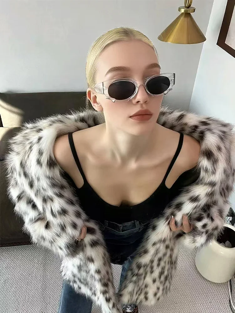 HH Women Fashion Turn-down Collar Faux Fur Jacket Winter Woman High Collar Hidden Buckle Pocket Leopard Print Long Sleeve Coat