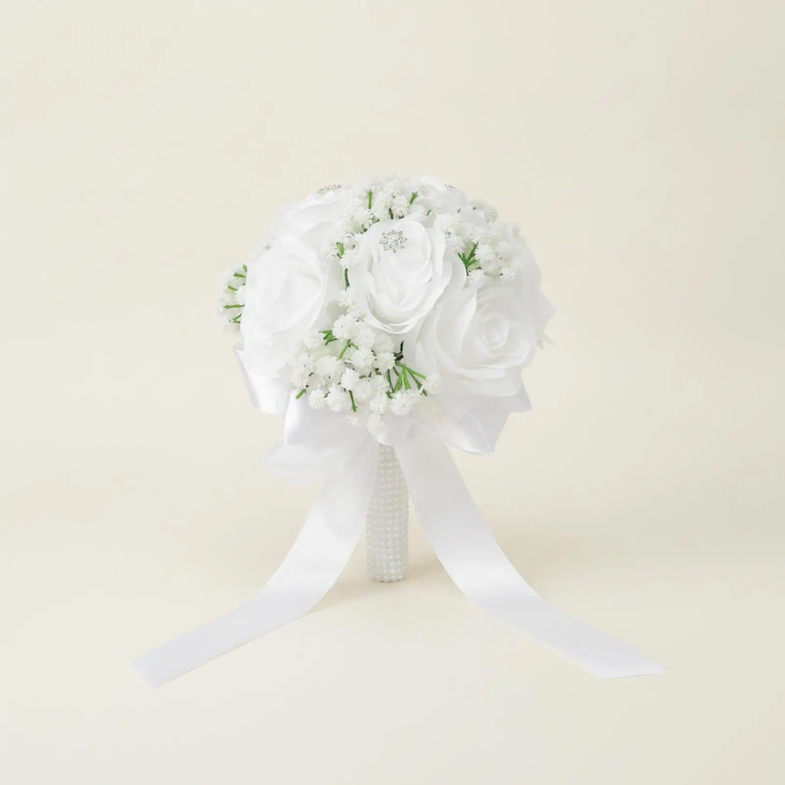 Silk-Like Rose Bridal Bouquet Lightweight Bridal Arm Bouquet with Pearl Handle Realistic for Brides, Keepsake Display