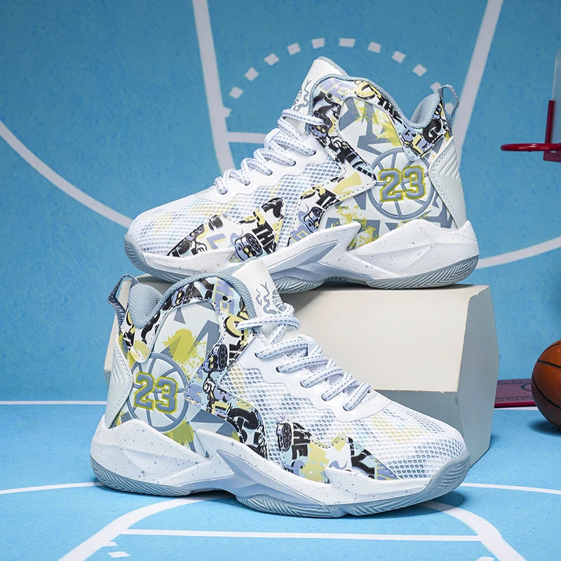 Spring Children's Basketball Shoes Flat-Bottomed Non-Slip Breathable Mesh Sneakers Boys Outdoor Competition Training Shoes 40