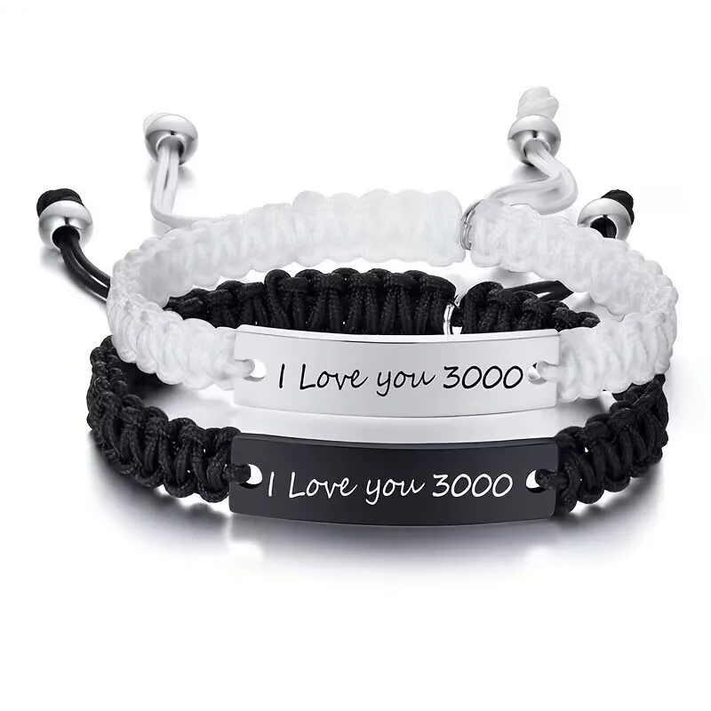 2 Stück handgemachte weiße schwarze geflochtene Seil Armband Set verstellbare Edelstahl Paar Armbänder Valentinstag Geschenke – Detail 5