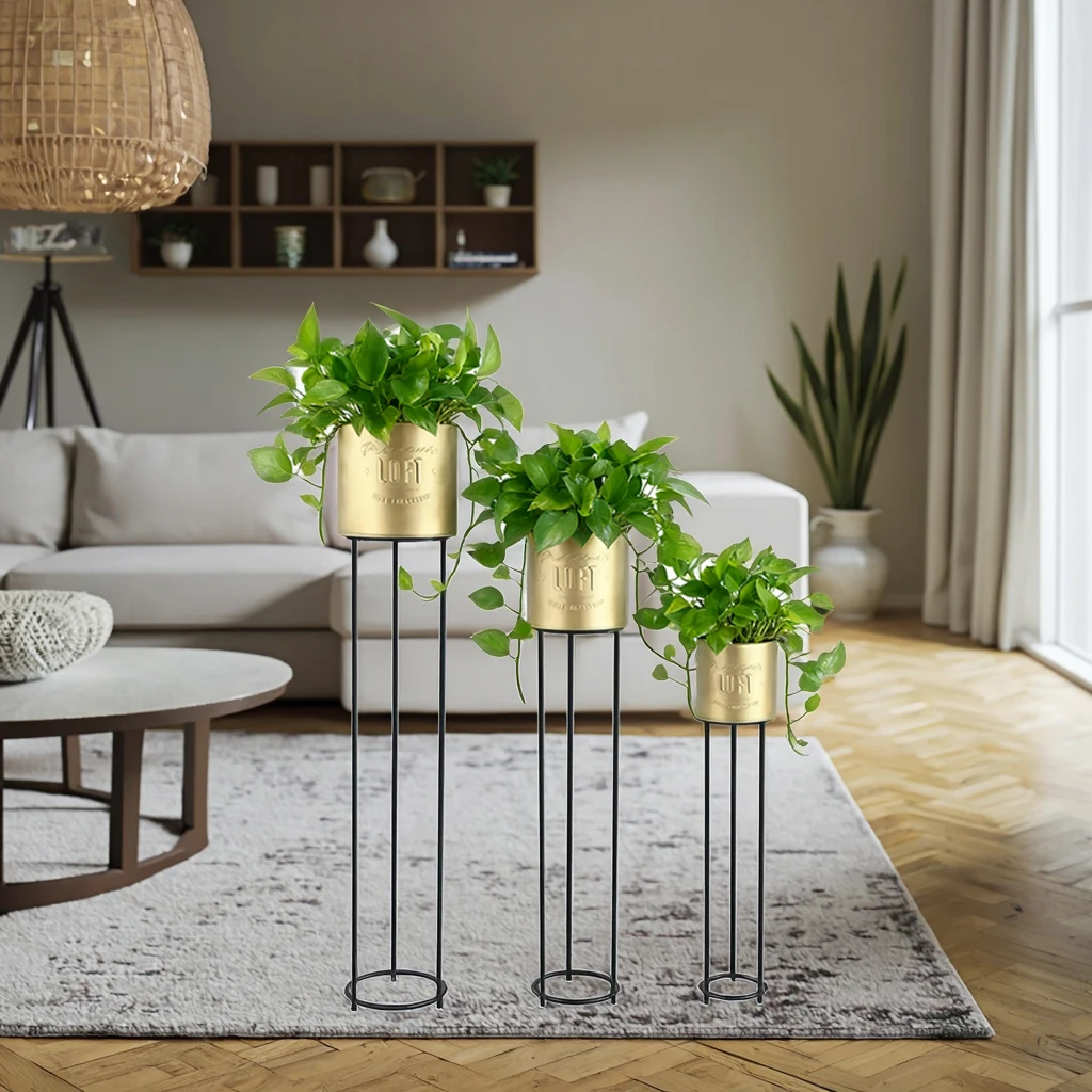 

Customized Iron Powder Coated Eco-Friendly Flower Stand Holder Golden Cylinder Buckets Plant Rack Green Plant Garden Flower