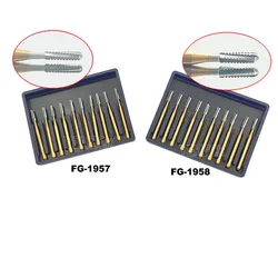 10 pçs/caixa dental tungstênio aço carboneto burs coroa corte de metal burs FG-1957/1958 materiais odontológicos