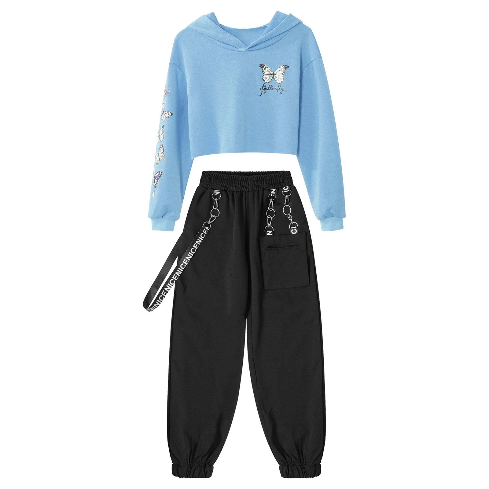 Kids Girls Long Sleeve Street Dance Outfit Hooded Butterfly Print Cropped Sweatshirt Tops with Chain Pocket Sweatpants Dancewear