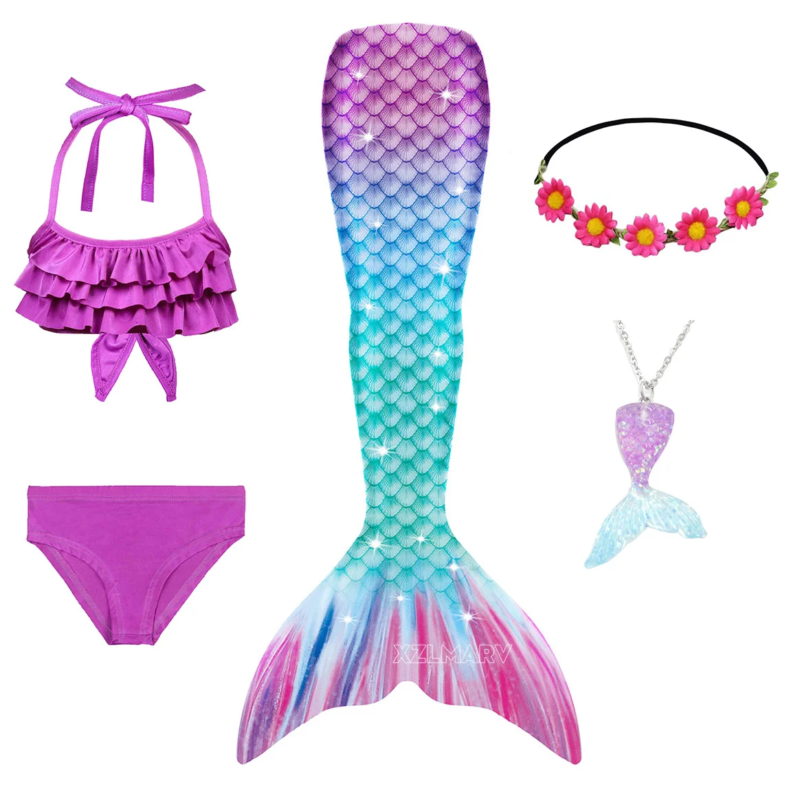 5Pcs/Set Girl Mermaid Tail for Girls Kids Swimsuit Children the Little Mermaid Costume Cosplay Clothes Bathing Suit for Swimming