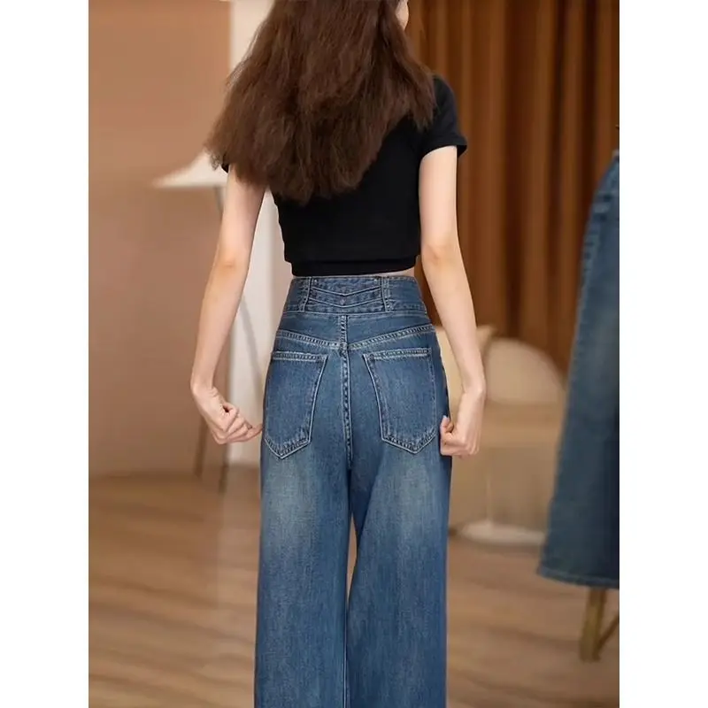 Damskie spodnie jeansowe z szerokimi nogawkami w stylu retro, nowość na jesień, luźne, zwiewne, z wysokim stanem, cienkie, proste, wysokiej jakości i o wysokim poziomie estetycznym.