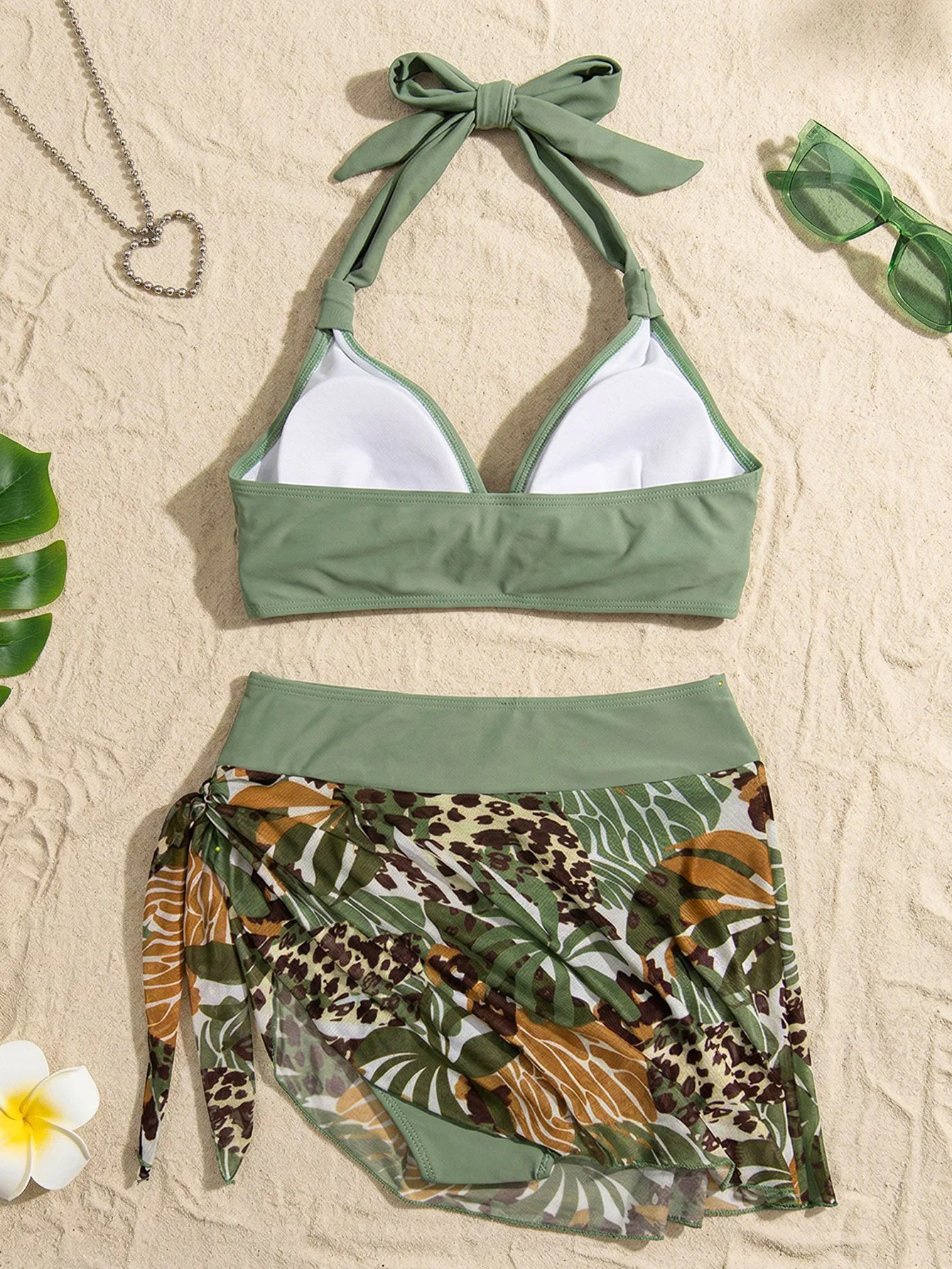 Women's bikini set green backless beach vacation print hanging neck strap skirt pants sexy quick drying swimsuit 2026 new item