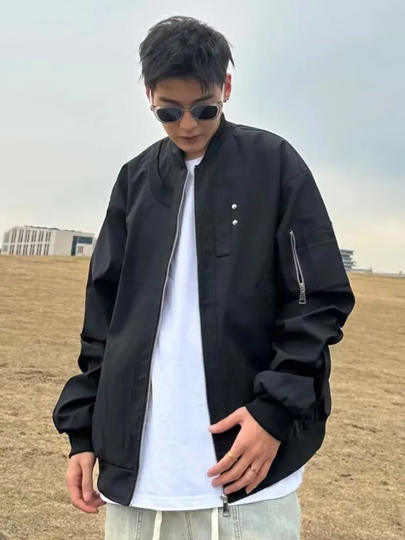 

American High Street Sle Men's Pilot Jaet Bla Baseball Warm Outerwear Loose Top Metal Decoration Long Sve Zipper Clo...