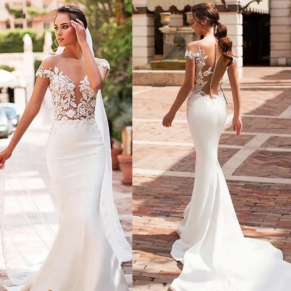 Vestido de novia de sirena con escote en V profundo, traje Sexy con apliques de encaje, fascinante, adelgazante, trapeador, romántico, sin espalda, 2023