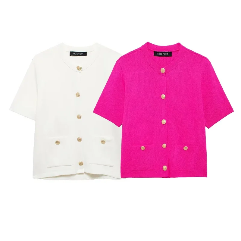 

Women's Knitted Outerwear 2025 Spring Autumn Elegant Short Sleeve Jacket Coat Ladies Fashion Casual White Rosered Knit Coat