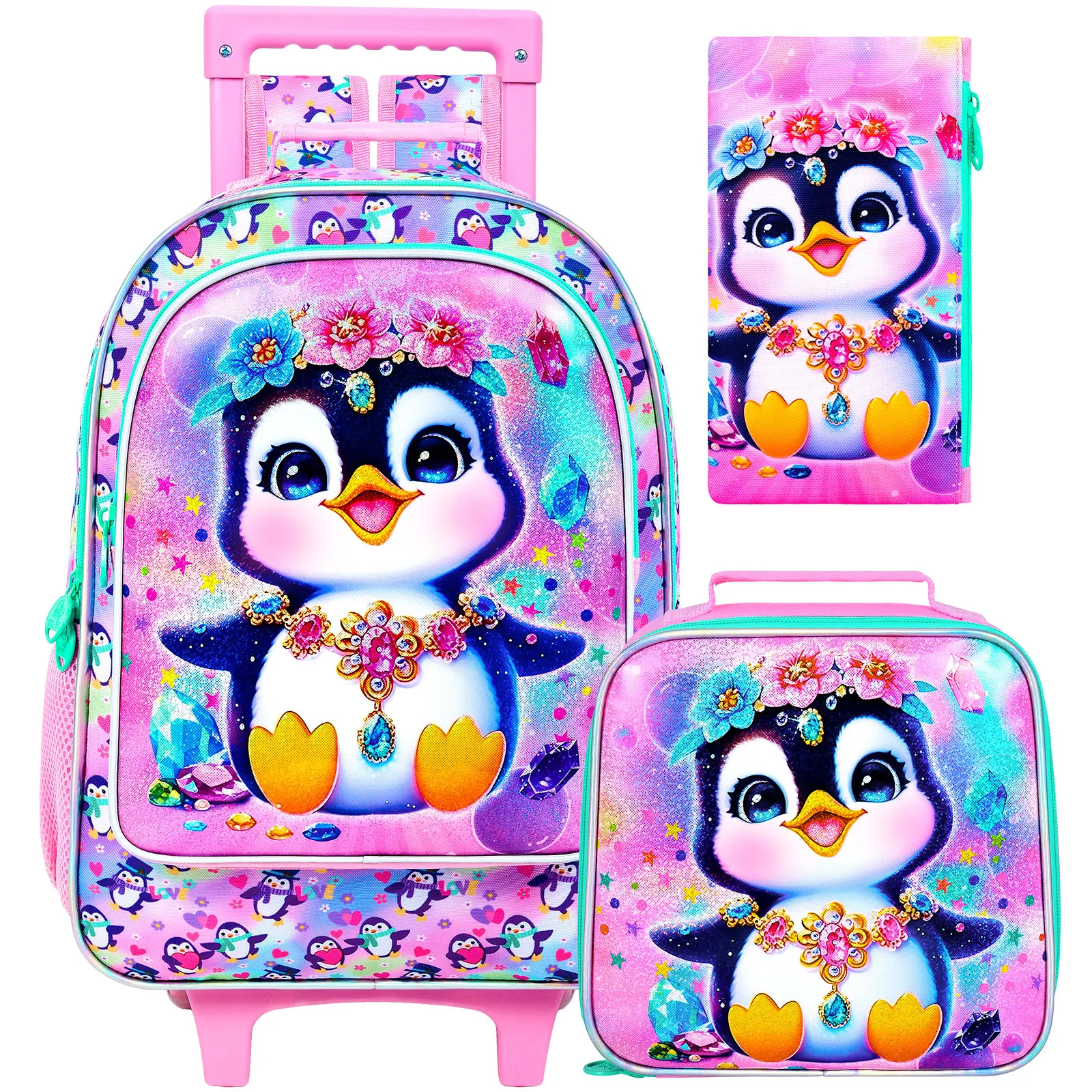 

3PCS Rolling Backpack for Girls, Kids Roller Wheels Bookbag, Wheeled School Bag with Lunch Bag - Diamond Penguin Pink