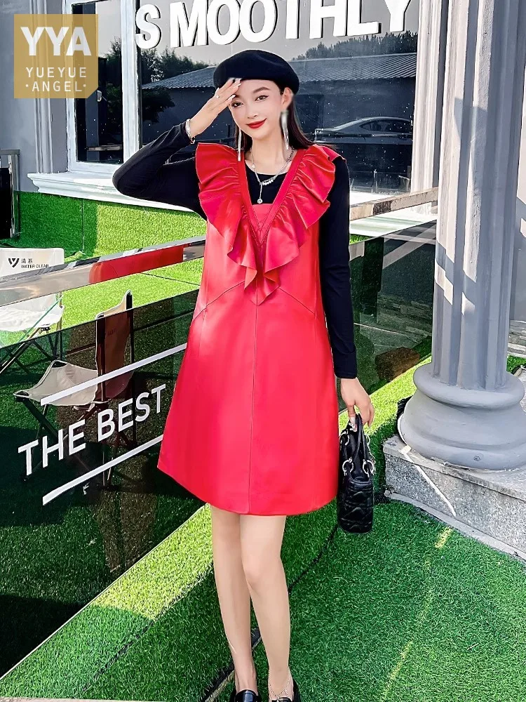 

Elegant Ladies Autumn V Neck Ruffles Sheepskin Genuine Leather Dress Women Vintage A Line Sleeveless Tank Dress Casual Sundress