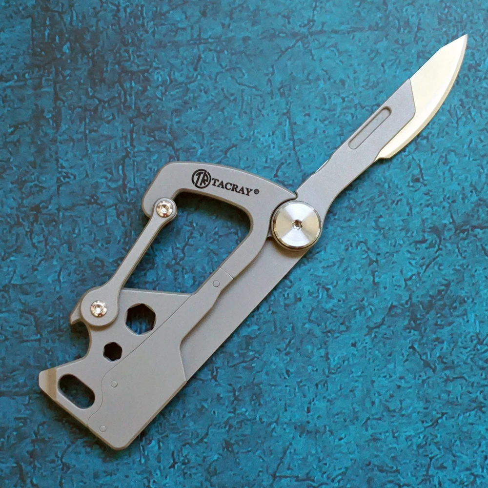 TACRAY Titanium Carabiner Multifunction Keychain Utility Knife Folding Knife Wallpaper Knife Cutting Tool with Corkscrew